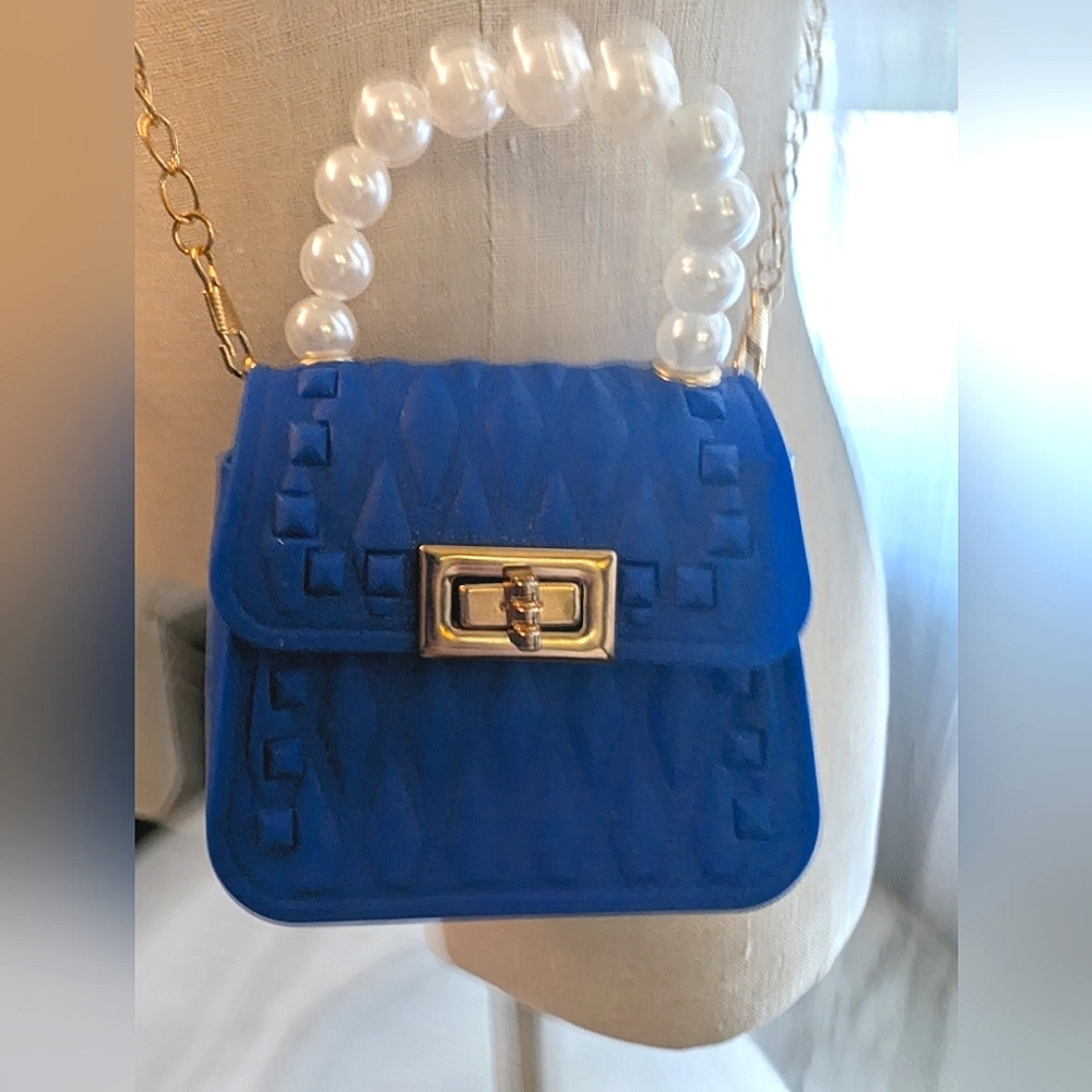 Kids, Blue Quilted Handbag with Pearl Handle